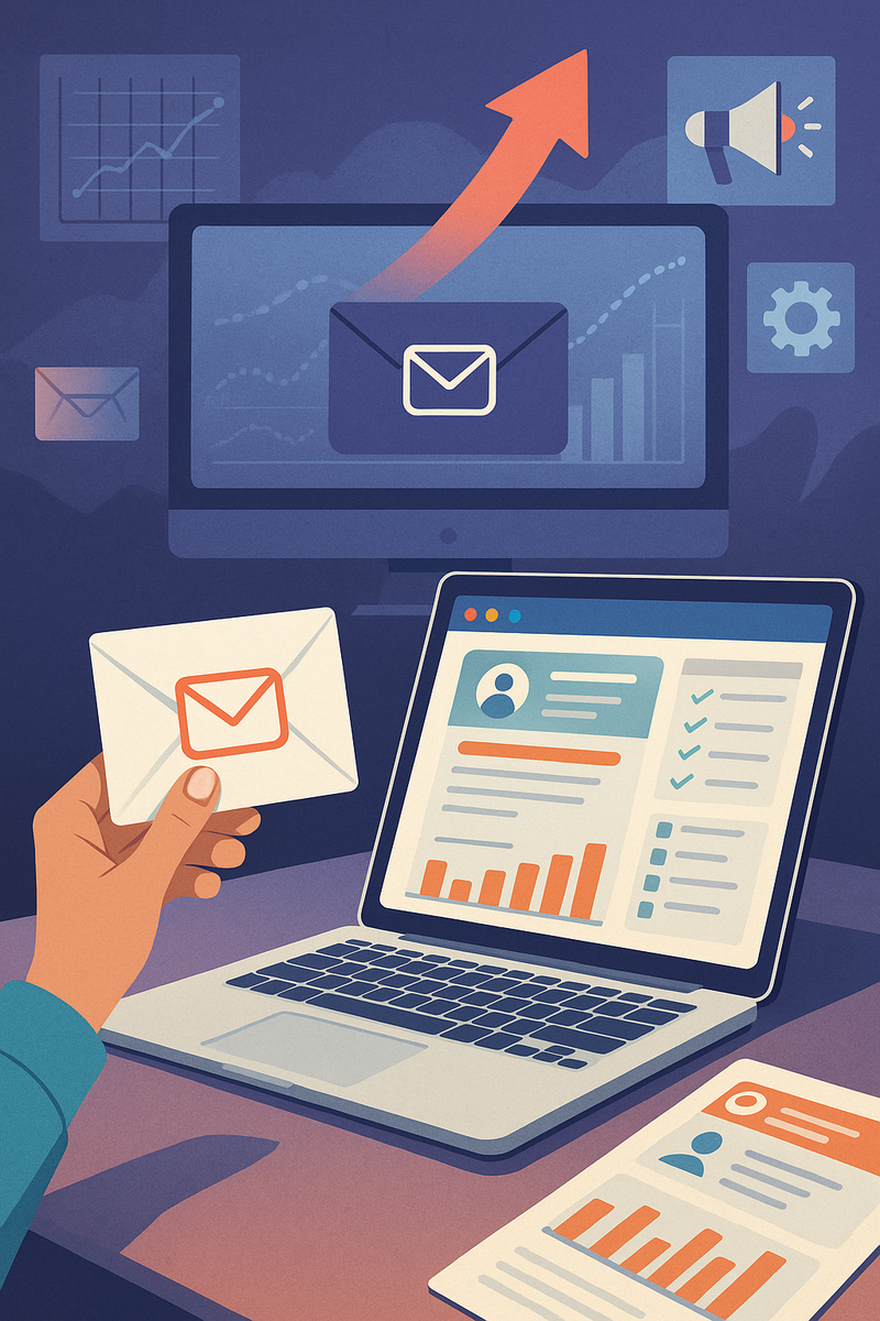 Stylized inbox and upward arrow representing ROI from email